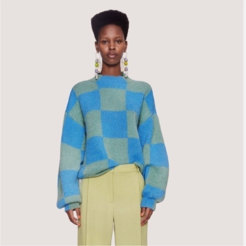 Stine Goya Adonis Aqua Alpaca Knit Sweater Large Checks